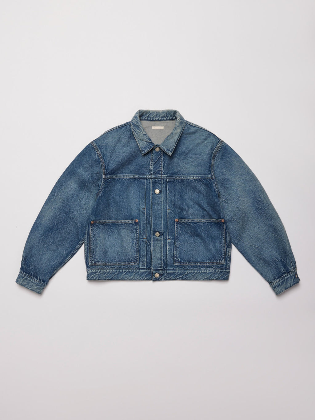 ULTERIOR VINTAGE WASHED SELVEDGE DENIM PLEATED JKT FADED BLUE