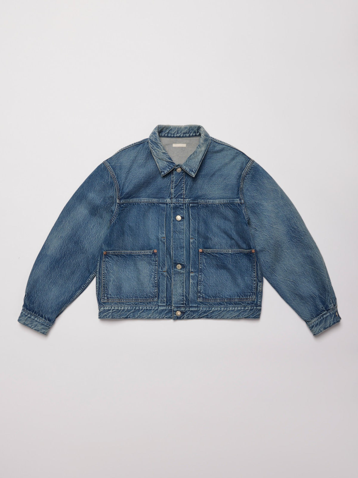 ULTERIOR VINTAGE WASHED SELVEDGE DENIM PLEATED JKT FADED BLUE