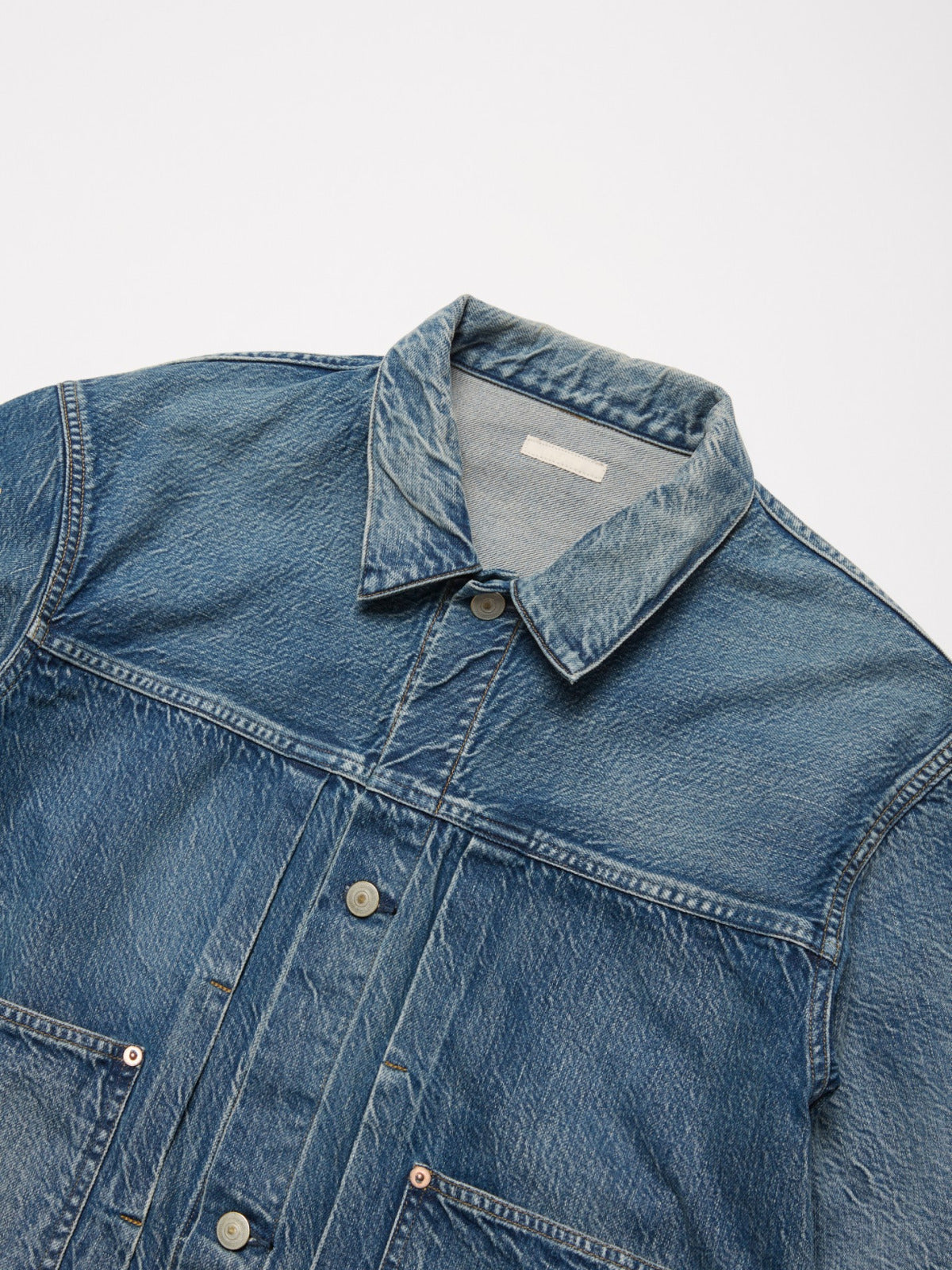 ULTERIOR VINTAGE WASHED SELVEDGE DENIM PLEATED JKT FADED BLUE