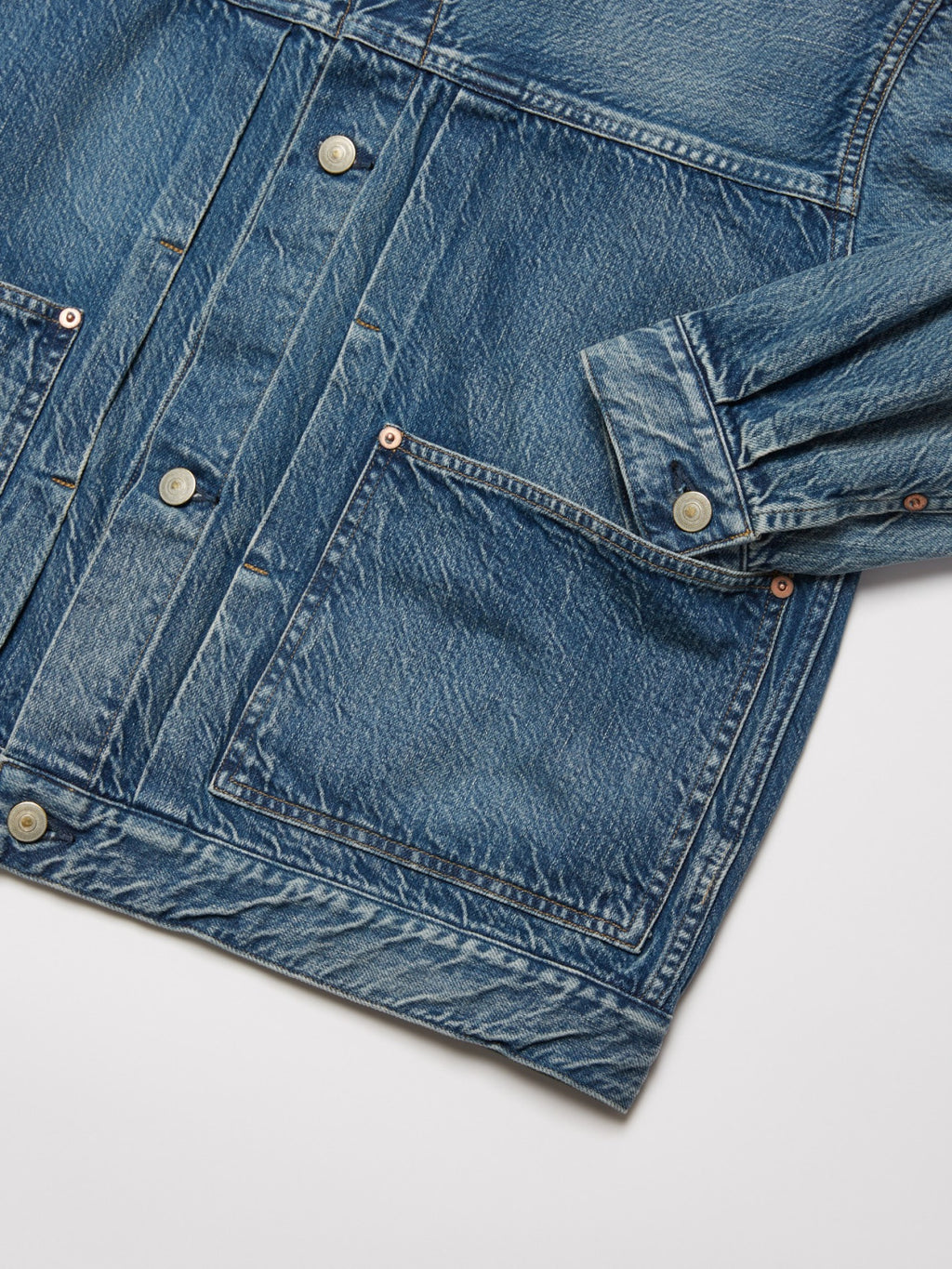 ULTERIOR VINTAGE WASHED SELVEDGE DENIM PLEATED JKT FADED BLUE