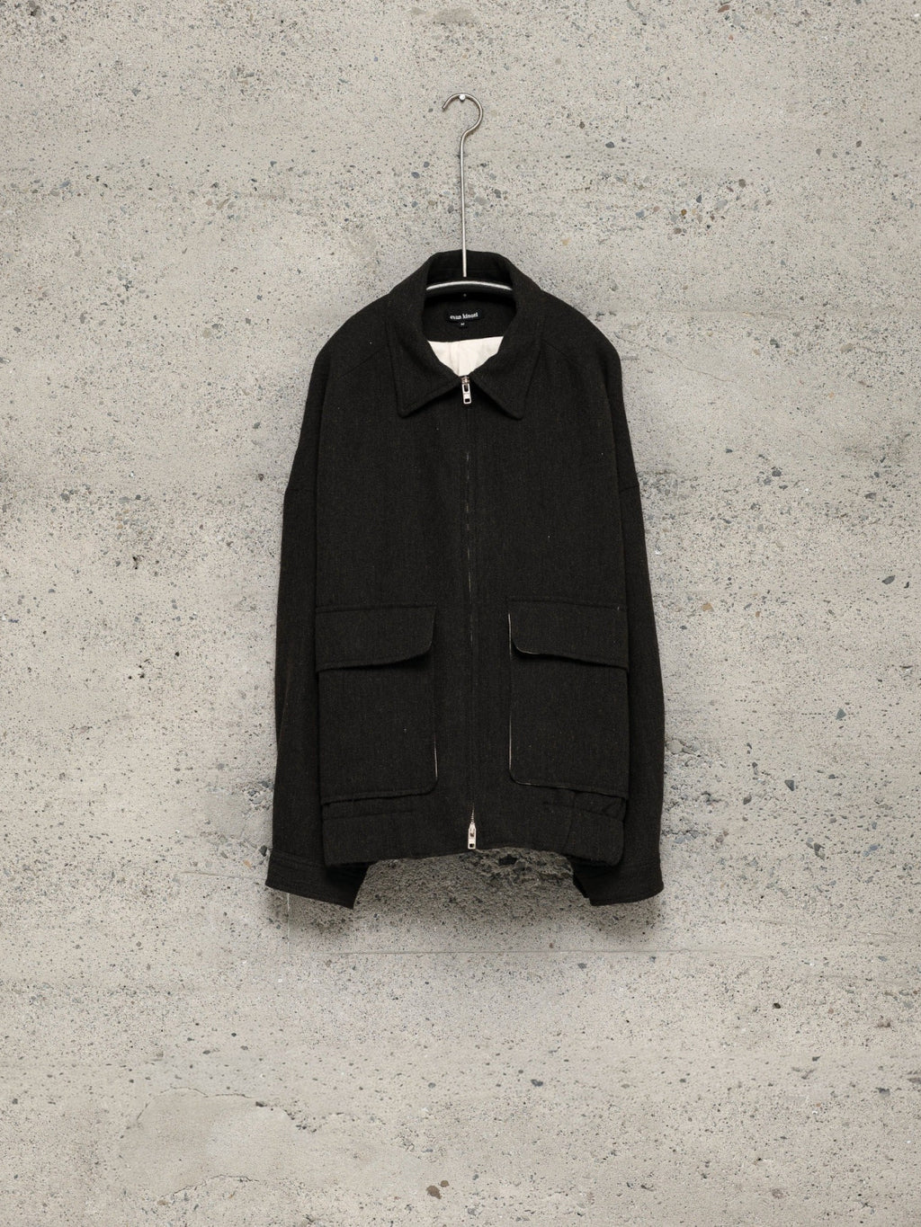 EVAN KINORI ZIP JACKET TWO WOOL LINEN HERRINGBONE BLACK/BROWN