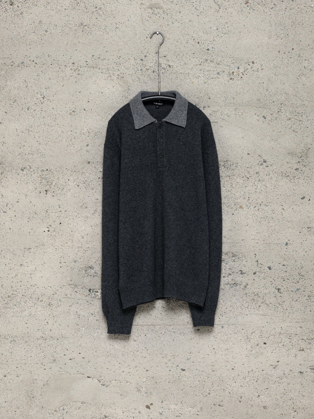 EVAN KINORI KNIT POLO YAK WOOL CHARCOAL/LIGHT GREY