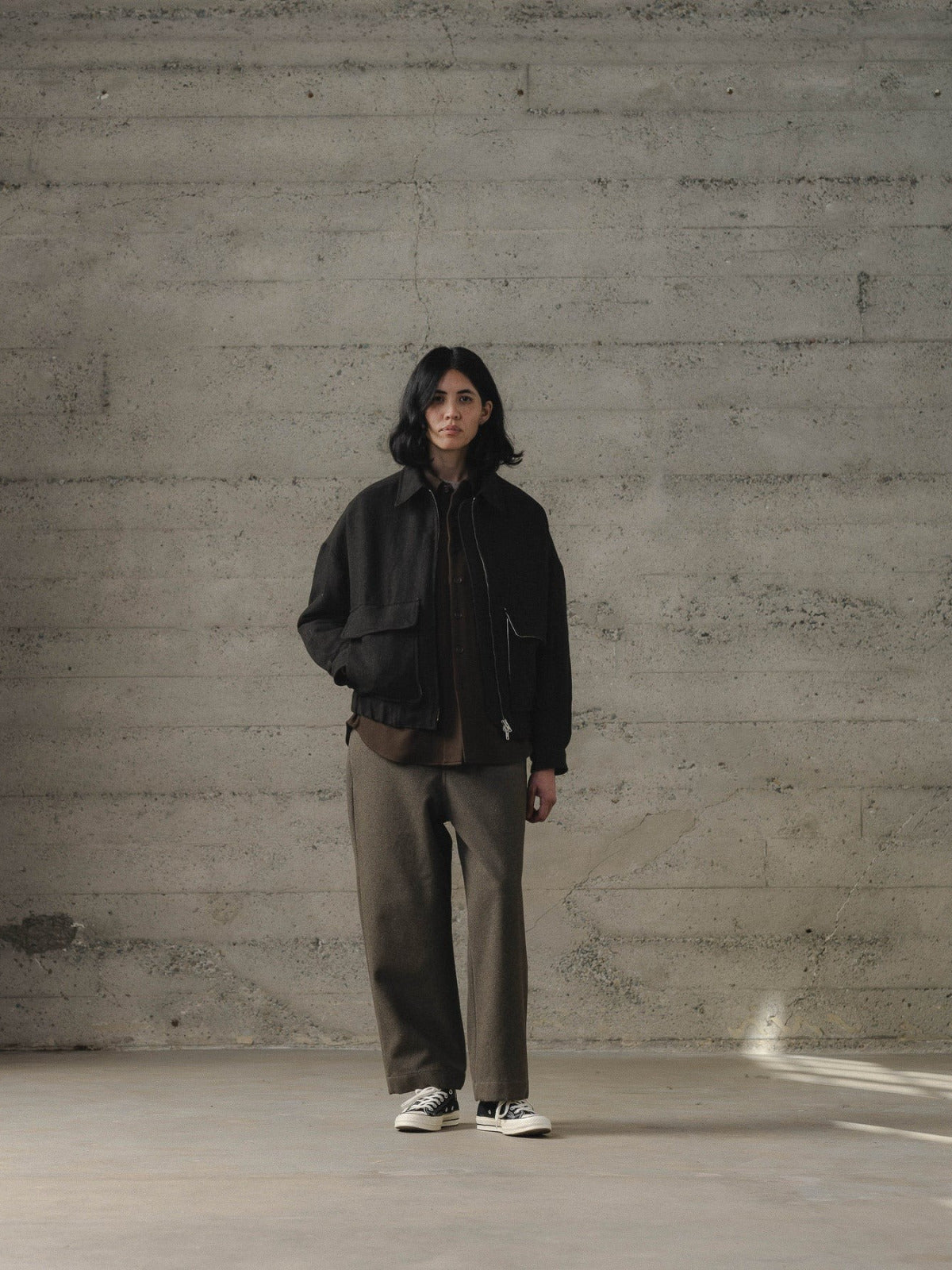 EVAN KINORI ZIP JACKET TWO WOOL LINEN HERRINGBONE BLACK/BROWN