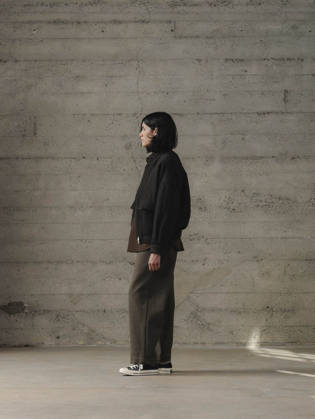 EVAN KINORI ZIP JACKET TWO WOOL LINEN HERRINGBONE BLACK/BROWN