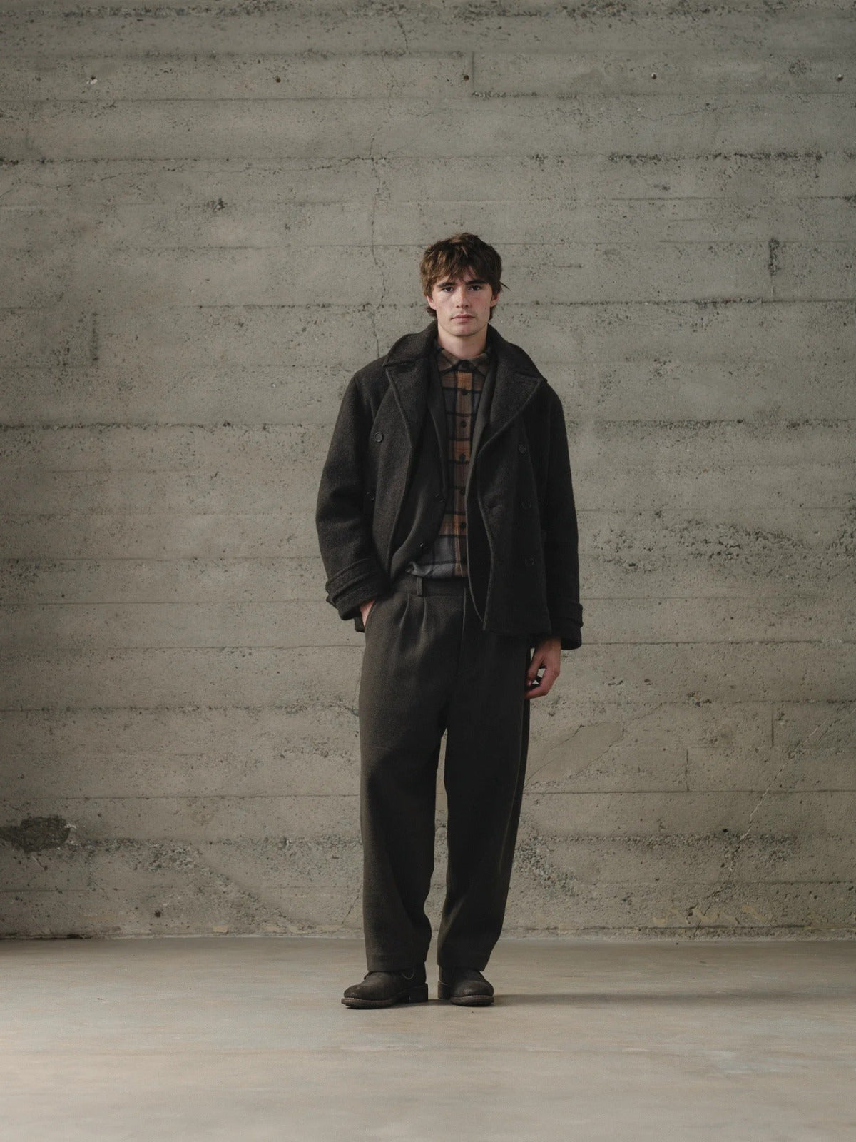 EVAN KINORI PEACOAT BRUSHED WOOL COATING DARK BROWN