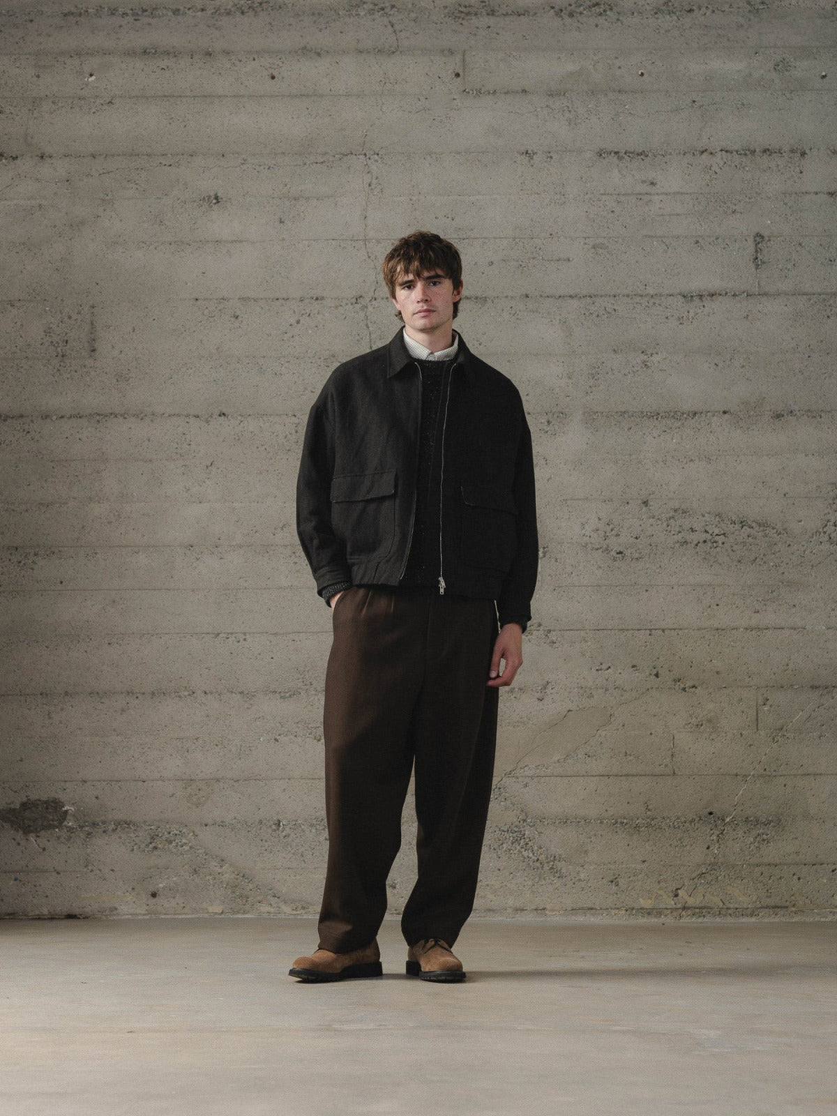 EVAN KINORI ZIP JACKET TWO WOOL LINEN HERRINGBONE BLACK/BROWN