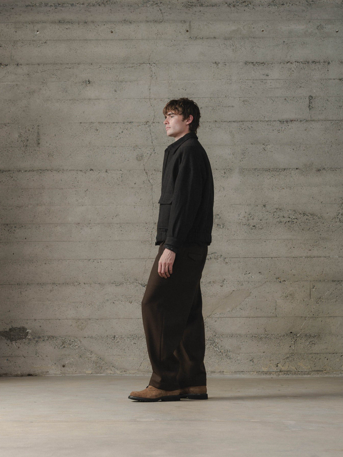 EVAN KINORI ZIP JACKET TWO WOOL LINEN HERRINGBONE BLACK/BROWN