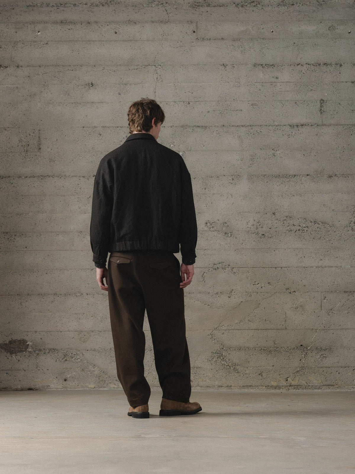 EVAN KINORI ZIP JACKET TWO WOOL LINEN HERRINGBONE BLACK/BROWN