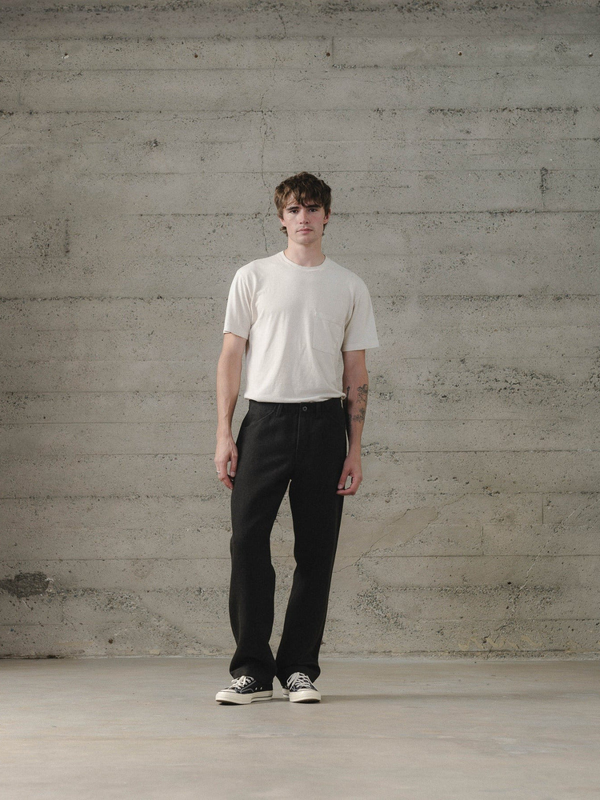EVAN KINORI FOUR POCKET PANT WOOL LINEN HERRINGBONE BLACK/BROWN