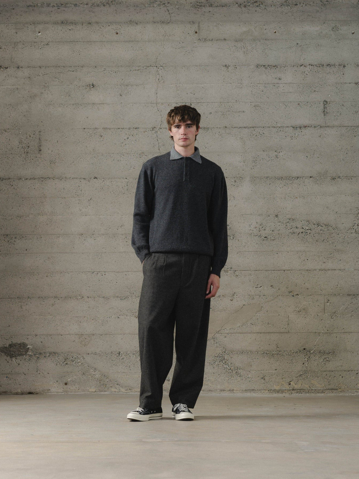 EVAN KINORI KNIT POLO YAK WOOL CHARCOAL/LIGHT GREY