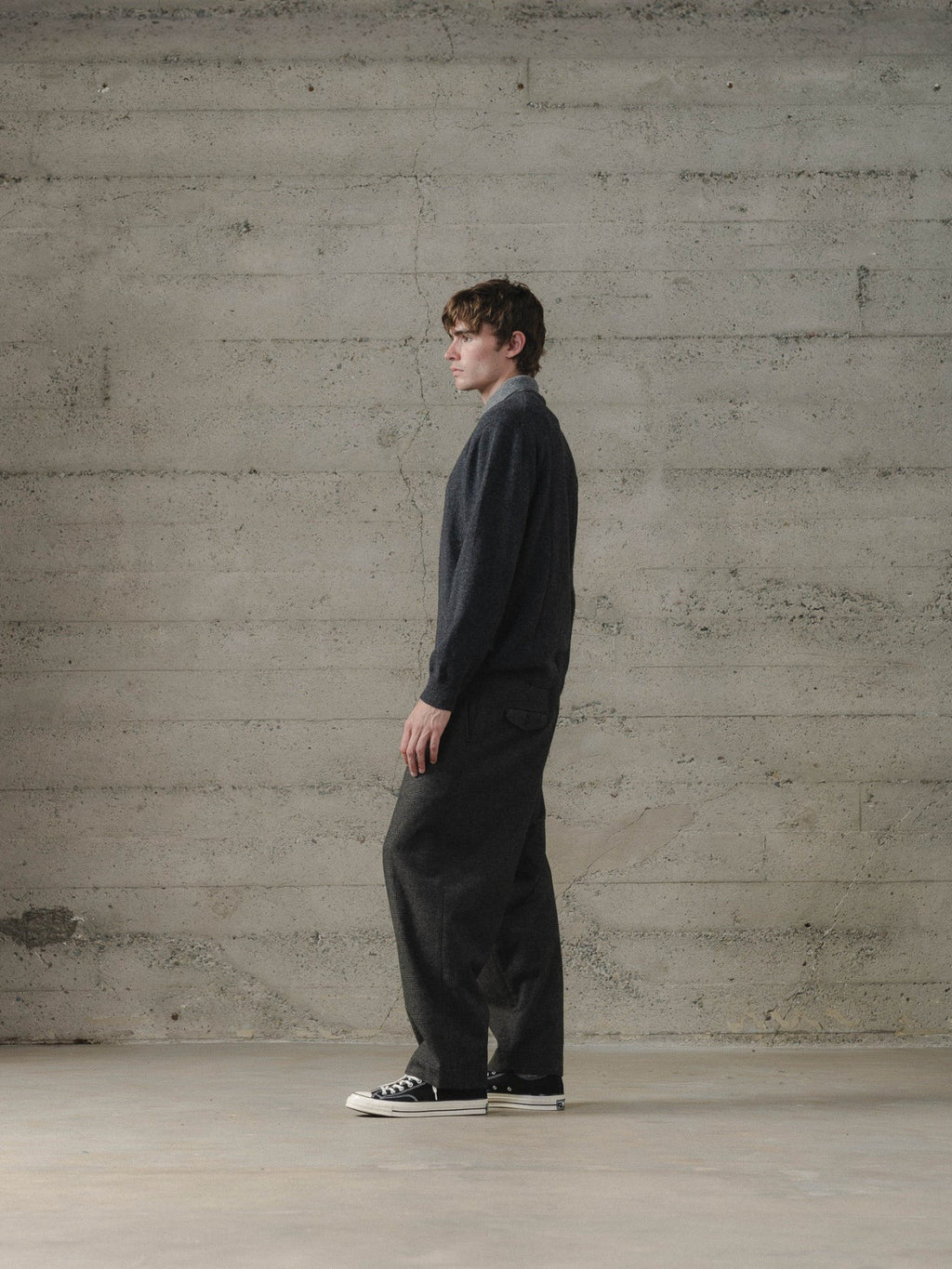 EVAN KINORI KNIT POLO YAK WOOL CHARCOAL/LIGHT GREY