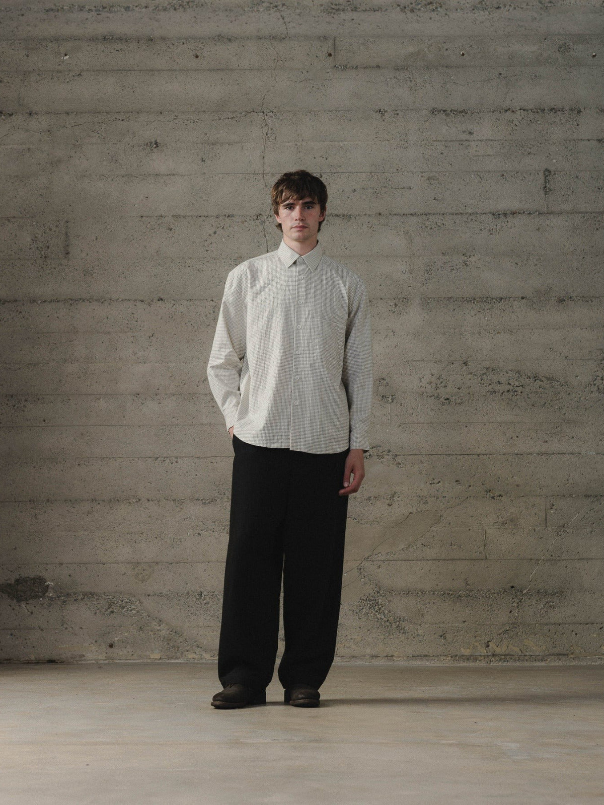 EVAN KINORI BIG SHIRT TWO COTTON GRIDCLOTH NATURAL/BLACK
