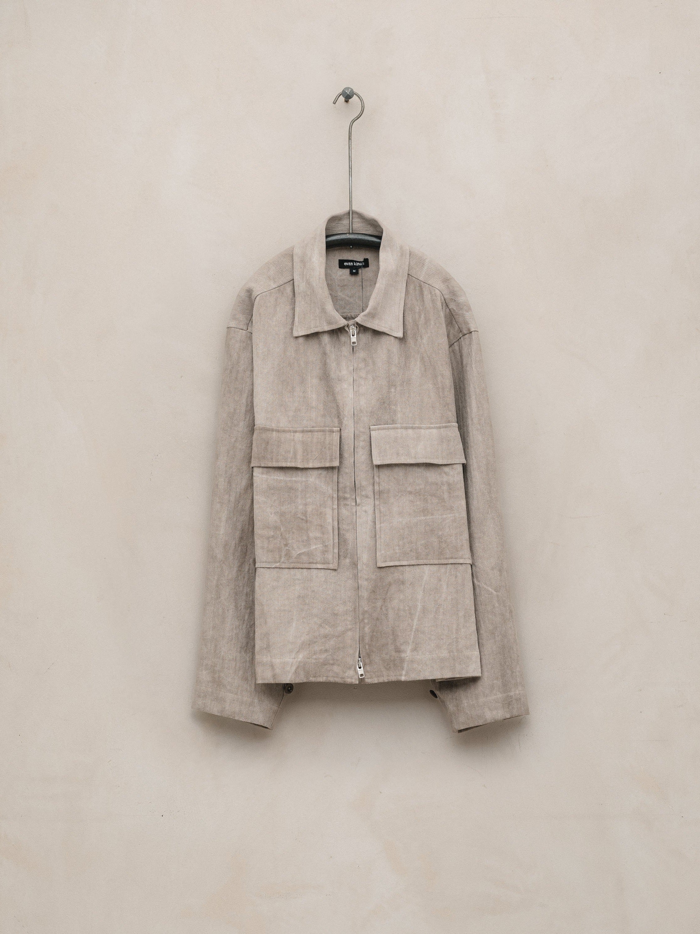 EVAN KINORI ZIP JACKET LINEN/COTTON HERRINGBONE DARK BEIGE