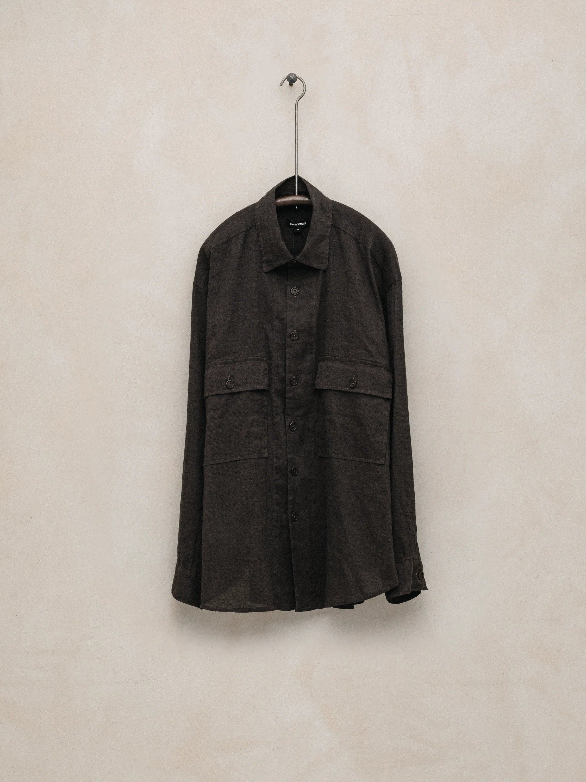 EVAN KINORI BIG SHRIT LINEN/COTTON SUMMERCLOTH BROWN/NAVY