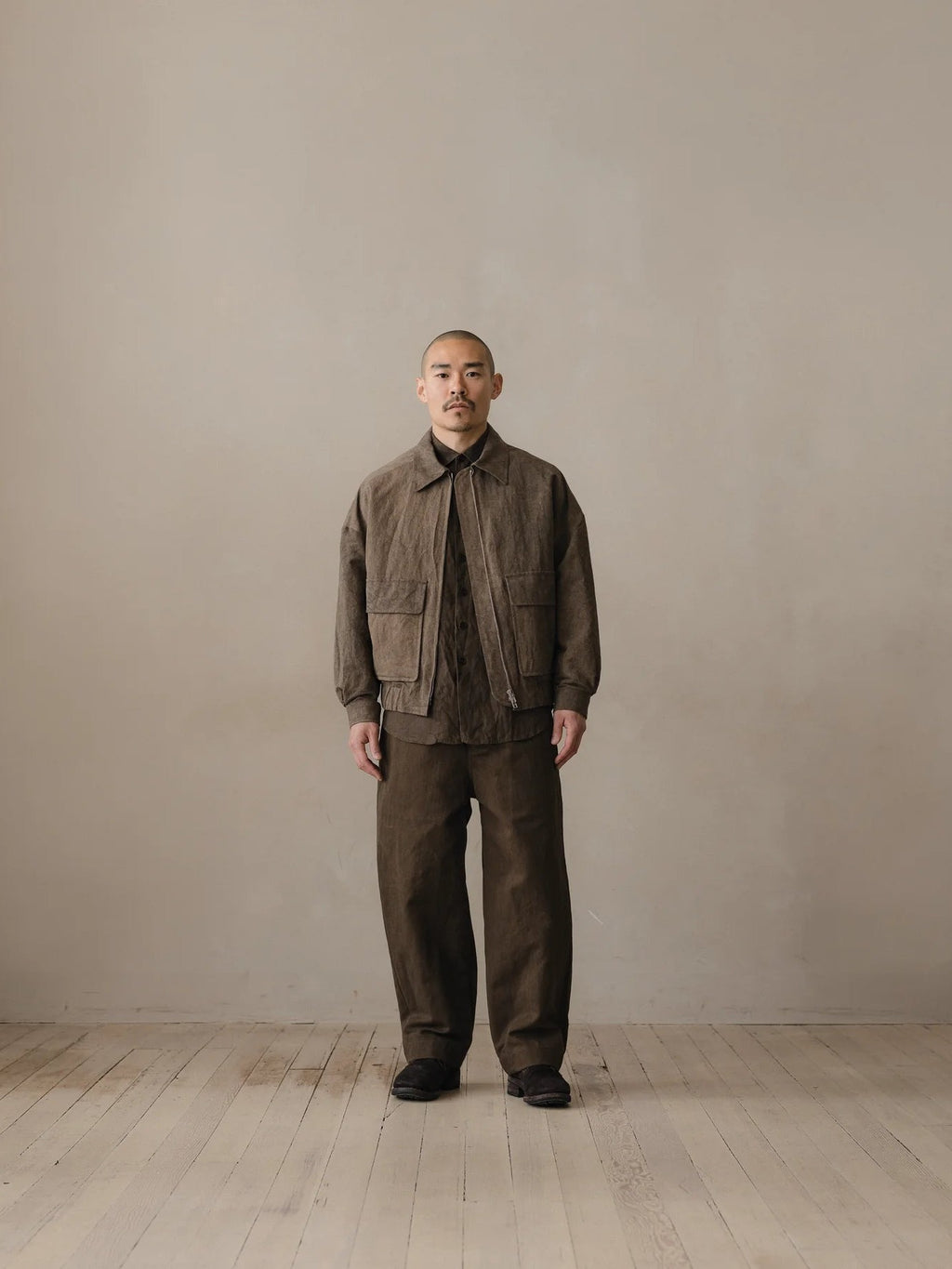 EVAN KINORI ZIP JACKET TWO NATURAL DYE TWILL BROWN