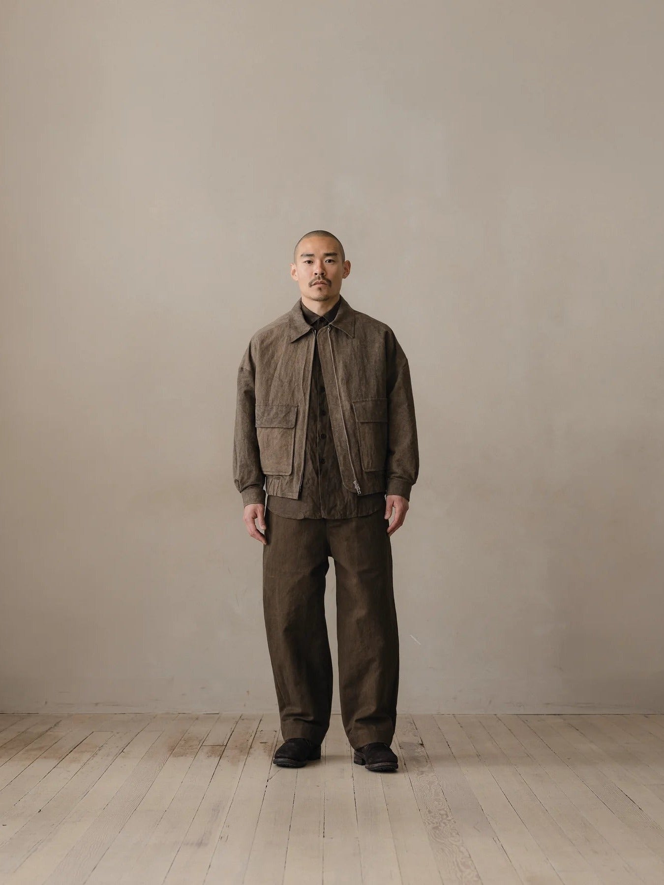 EVAN KINORI ZIP JACKET TWO NATURAL DYE TWILL BROWN