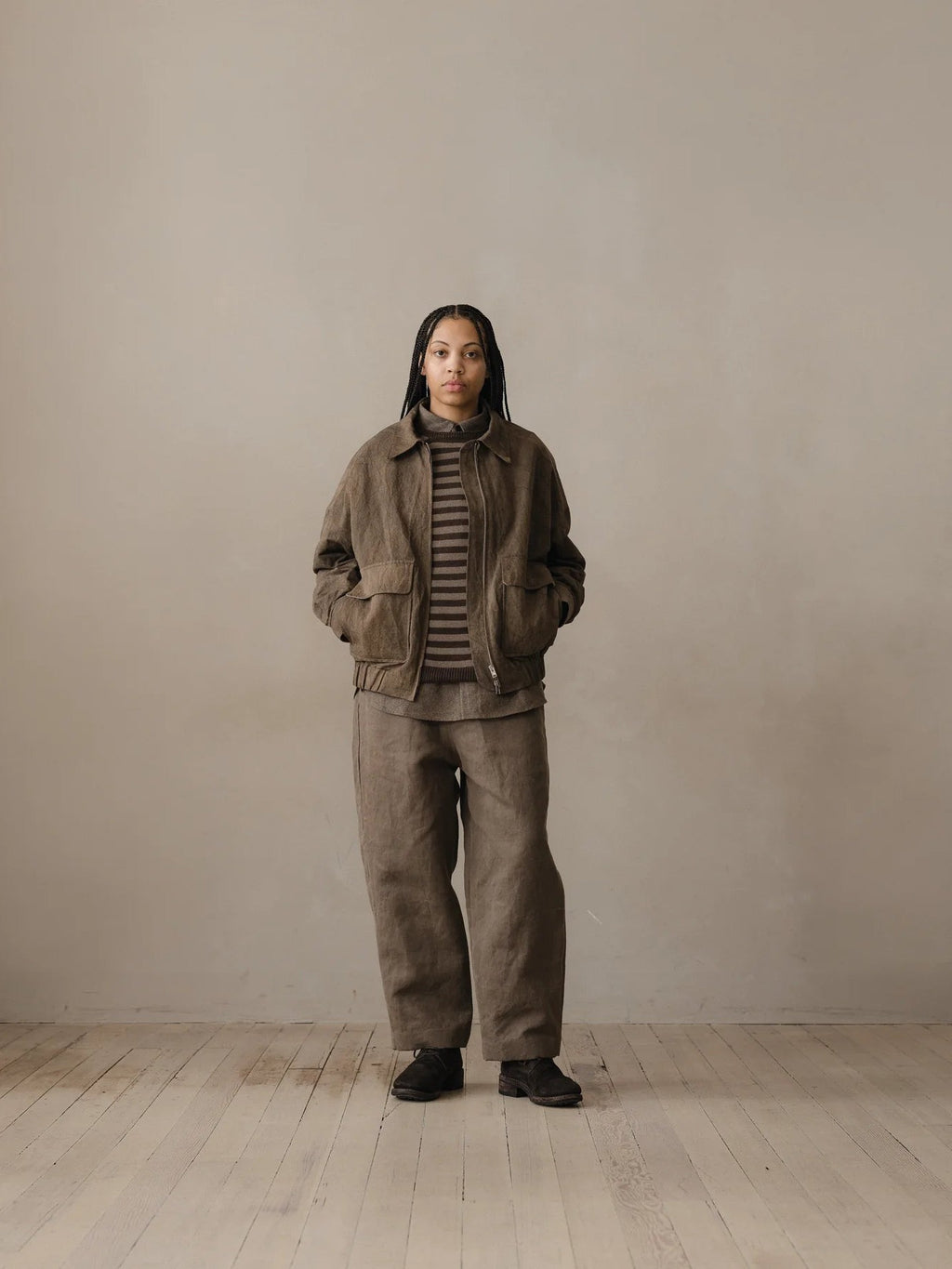 EVAN KINORI ZIP JACKET TWO NATURAL DYE TWILL BROWN