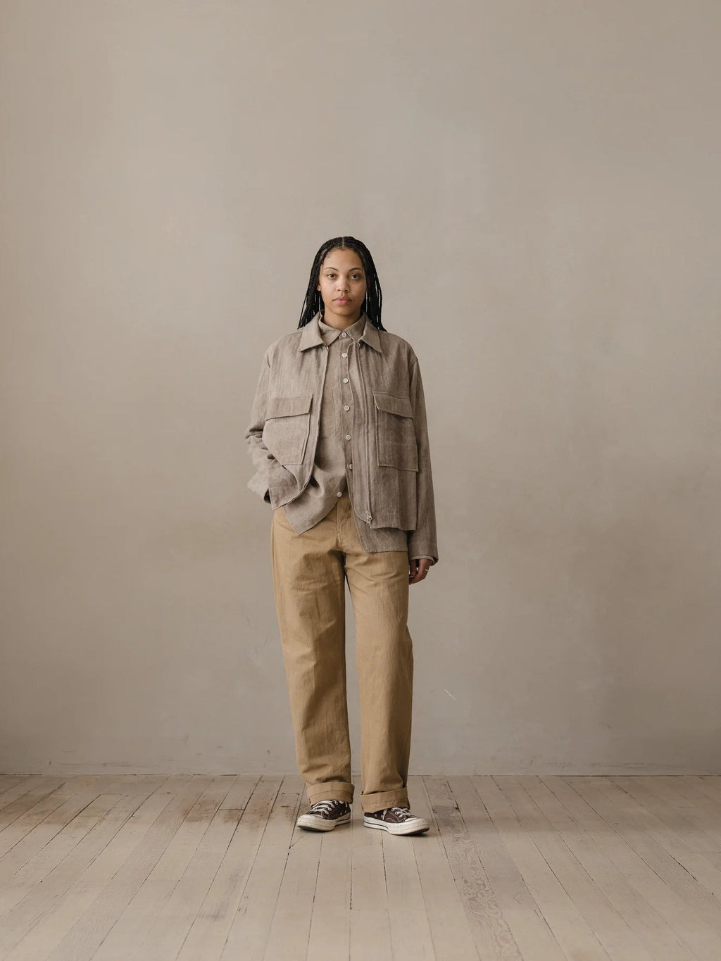 EVAN KINORI ZIP JACKET LINEN/COTTON HERRINGBONE DARK BEIGE