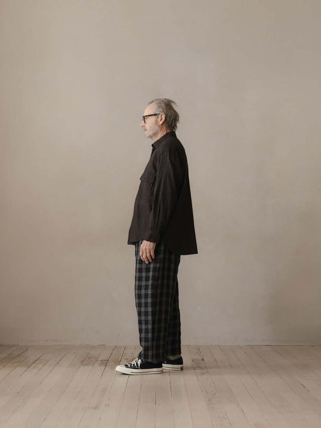 EVAN KINORI BIG SHRIT LINEN/COTTON SUMMERCLOTH BROWN/NAVY