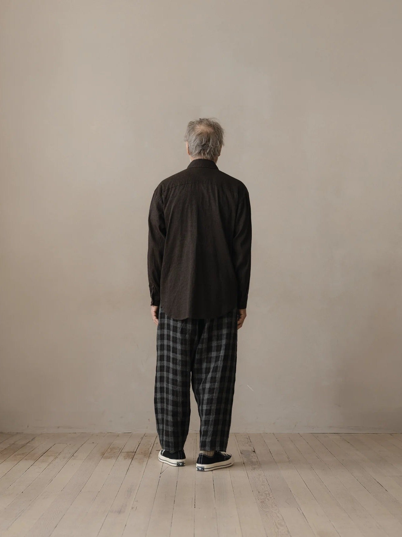 EVAN KINORI BIG SHRIT LINEN/COTTON SUMMERCLOTH BROWN/NAVY