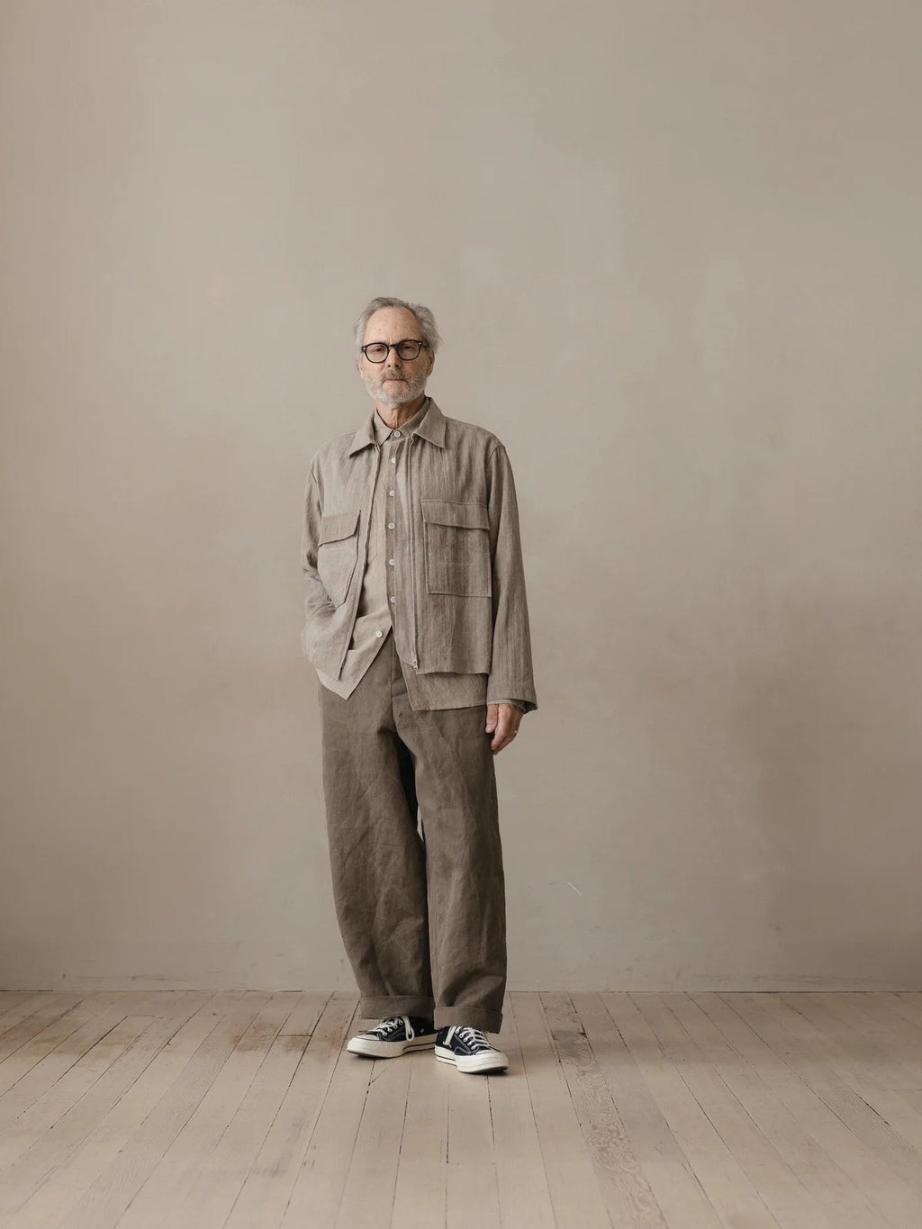 EVAN KINORI ZIP JACKET LINEN/COTTON HERRINGBONE DARK BEIGE
