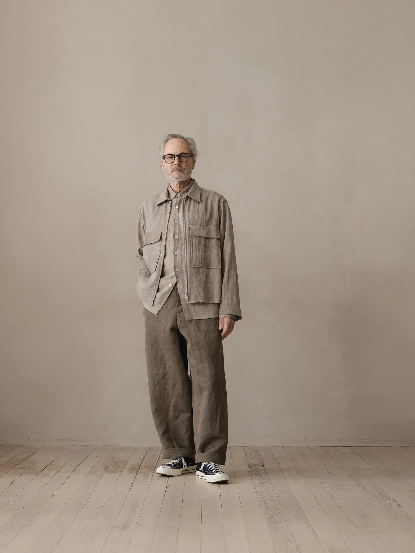 EVAN KINORI ZIP JACKET LINEN/COTTON HERRINGBONE DARK BEIGE