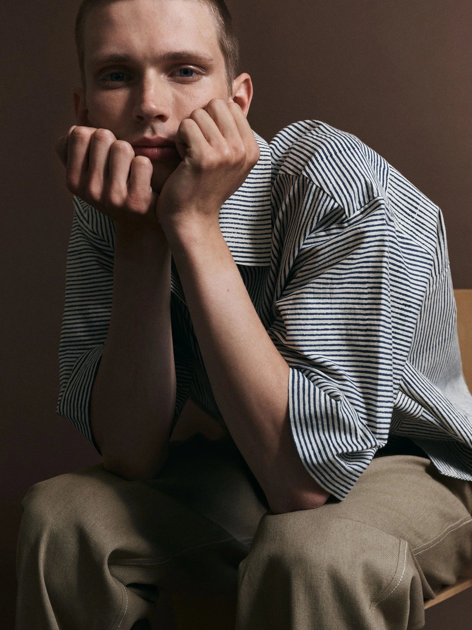 JAN MACHENHAUER Fred Shirt Block Print Stripe Cambric Indigo