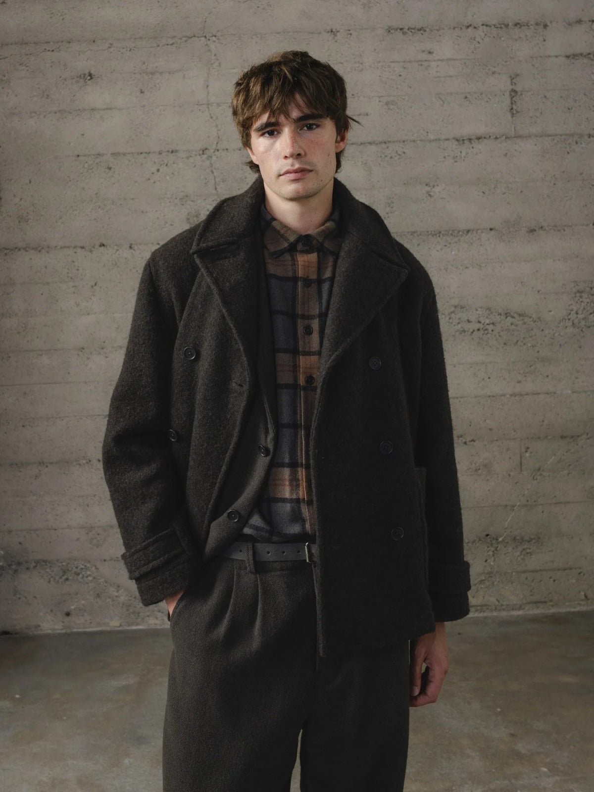 EVAN KINORI PEACOAT BRUSHED WOOL COATING DARK BROWN