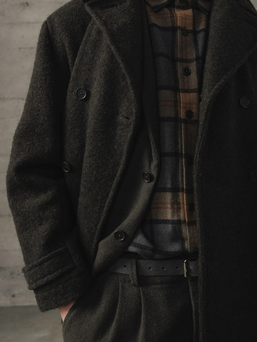 EVAN KINORI PEACOAT BRUSHED WOOL COATING DARK BROWN