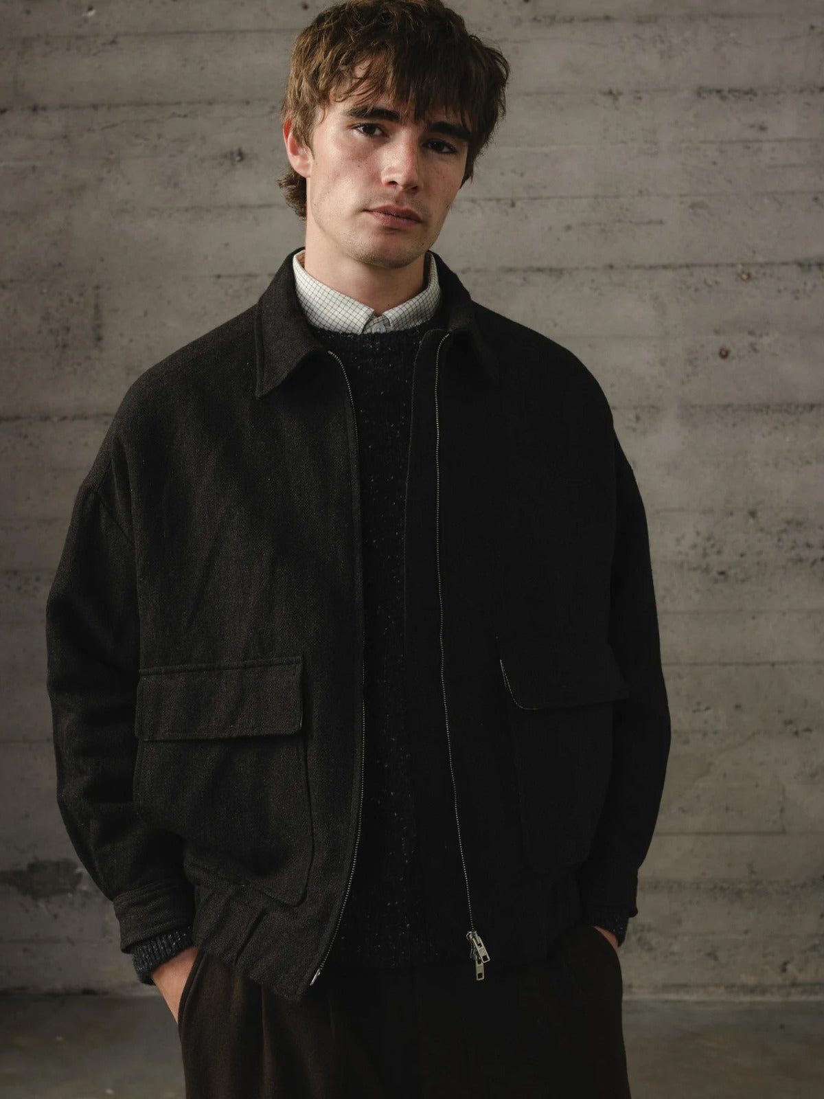 EVAN KINORI ZIP JACKET TWO WOOL LINEN HERRINGBONE BLACK/BROWN