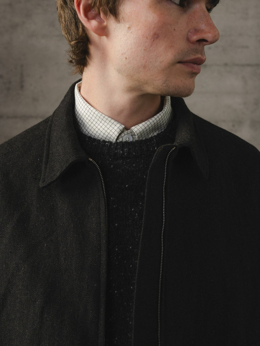 EVAN KINORI ZIP JACKET TWO WOOL LINEN HERRINGBONE BLACK/BROWN