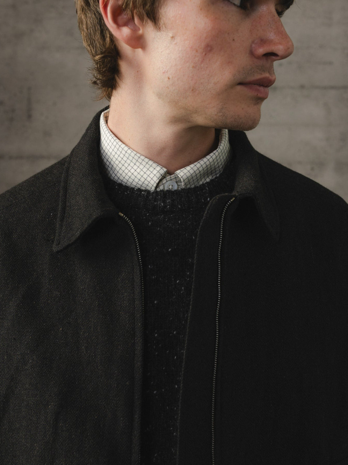 EVAN KINORI ZIP JACKET TWO WOOL LINEN HERRINGBONE BLACK/BROWN
