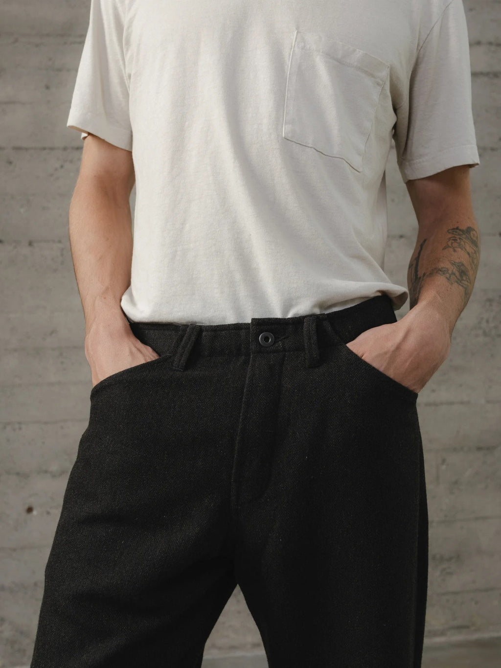EVAN KINORI FOUR POCKET PANT WOOL LINEN HERRINGBONE BLACK/BROWN