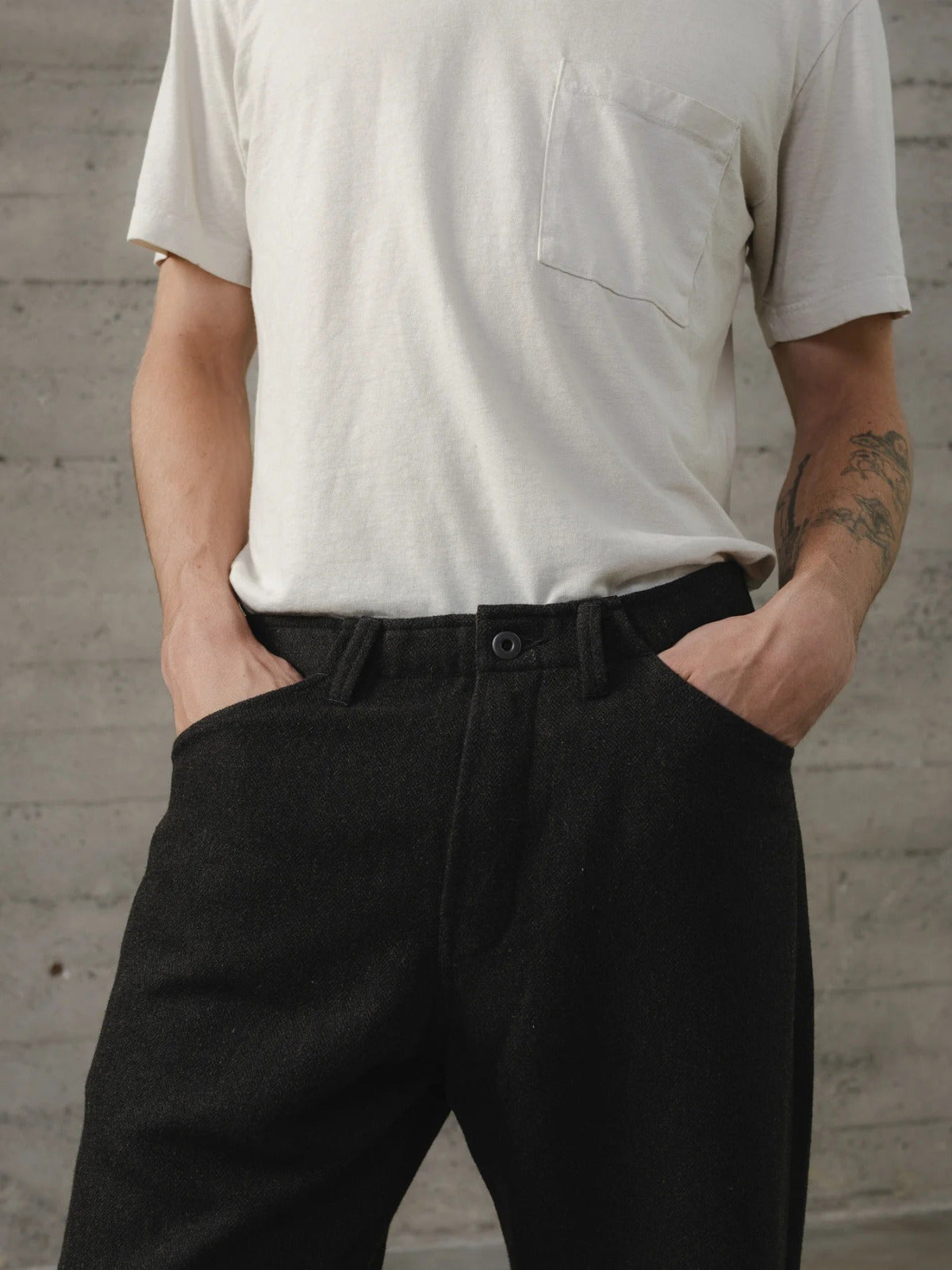EVAN KINORI FOUR POCKET PANT WOOL LINEN HERRINGBONE BLACK/BROWN