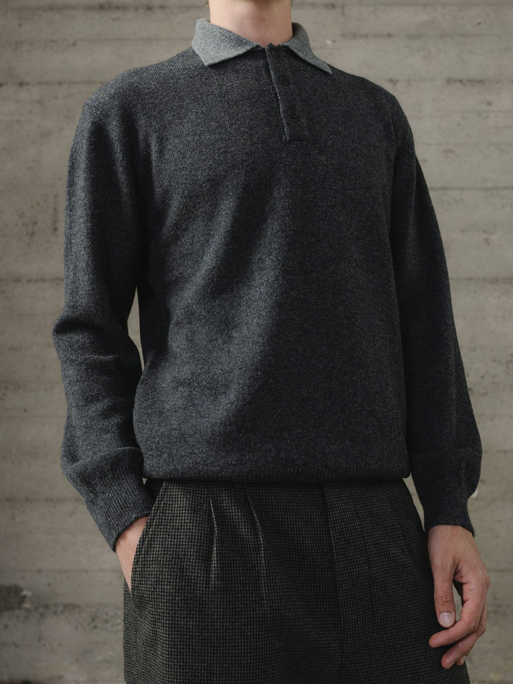 EVAN KINORI KNIT POLO YAK WOOL CHARCOAL/LIGHT GREY