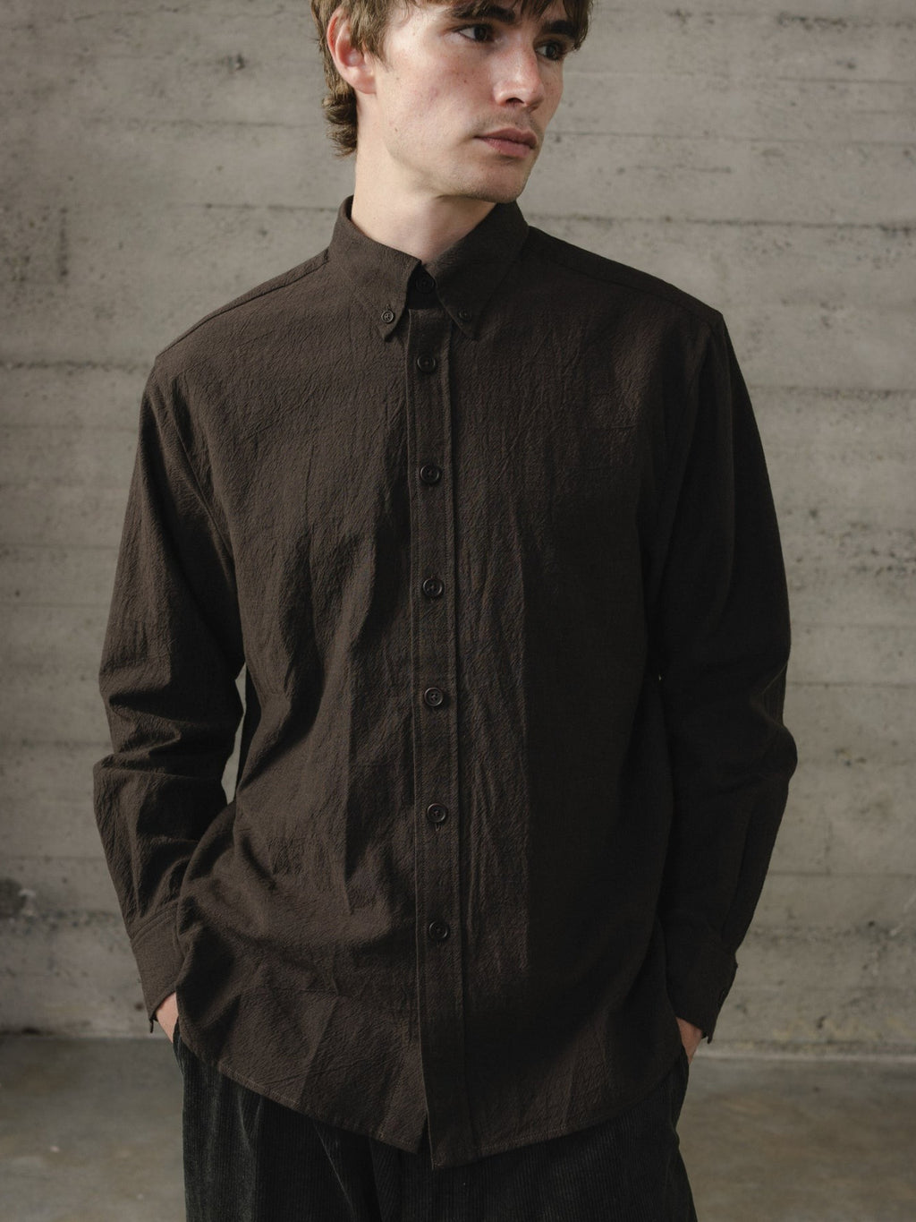 EVAN KINORI BUTTON DOWN COLLAR SHIRT YARN DYED COTTON YAK BROWN/BLACK