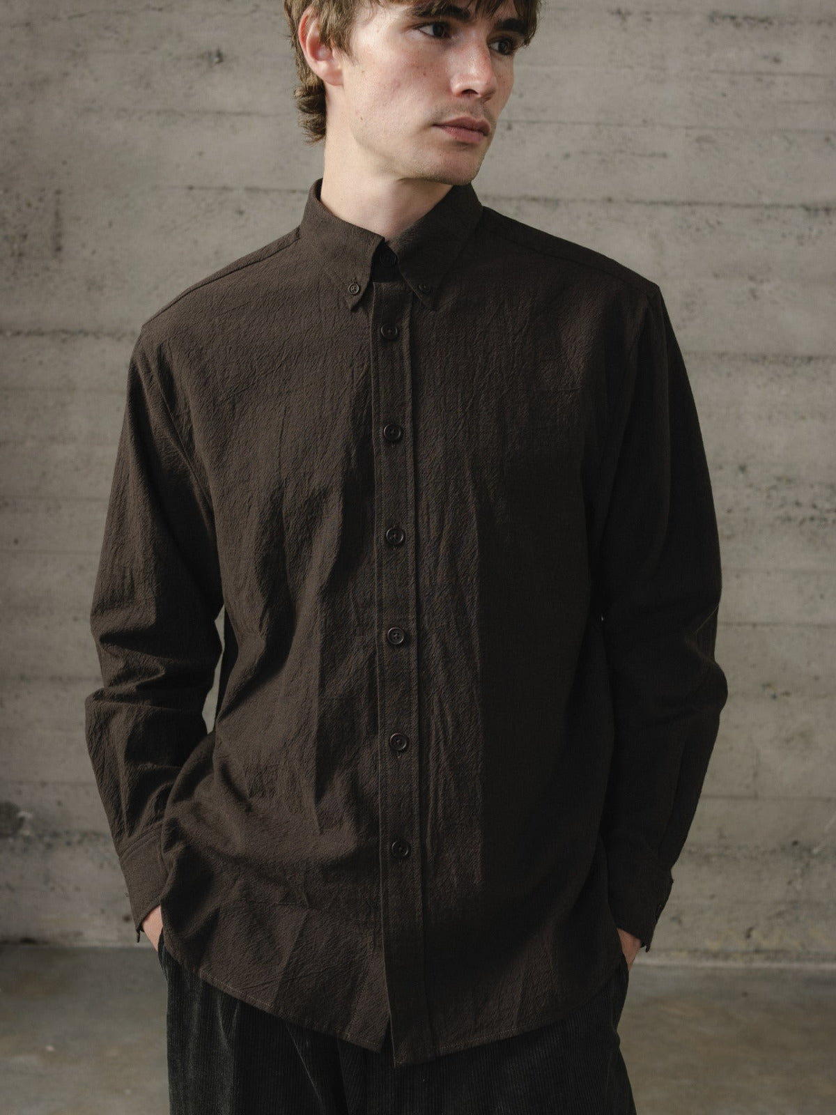 EVAN KINORI BUTTON DOWN COLLAR SHIRT YARN DYED COTTON YAK BROWN/BLACK