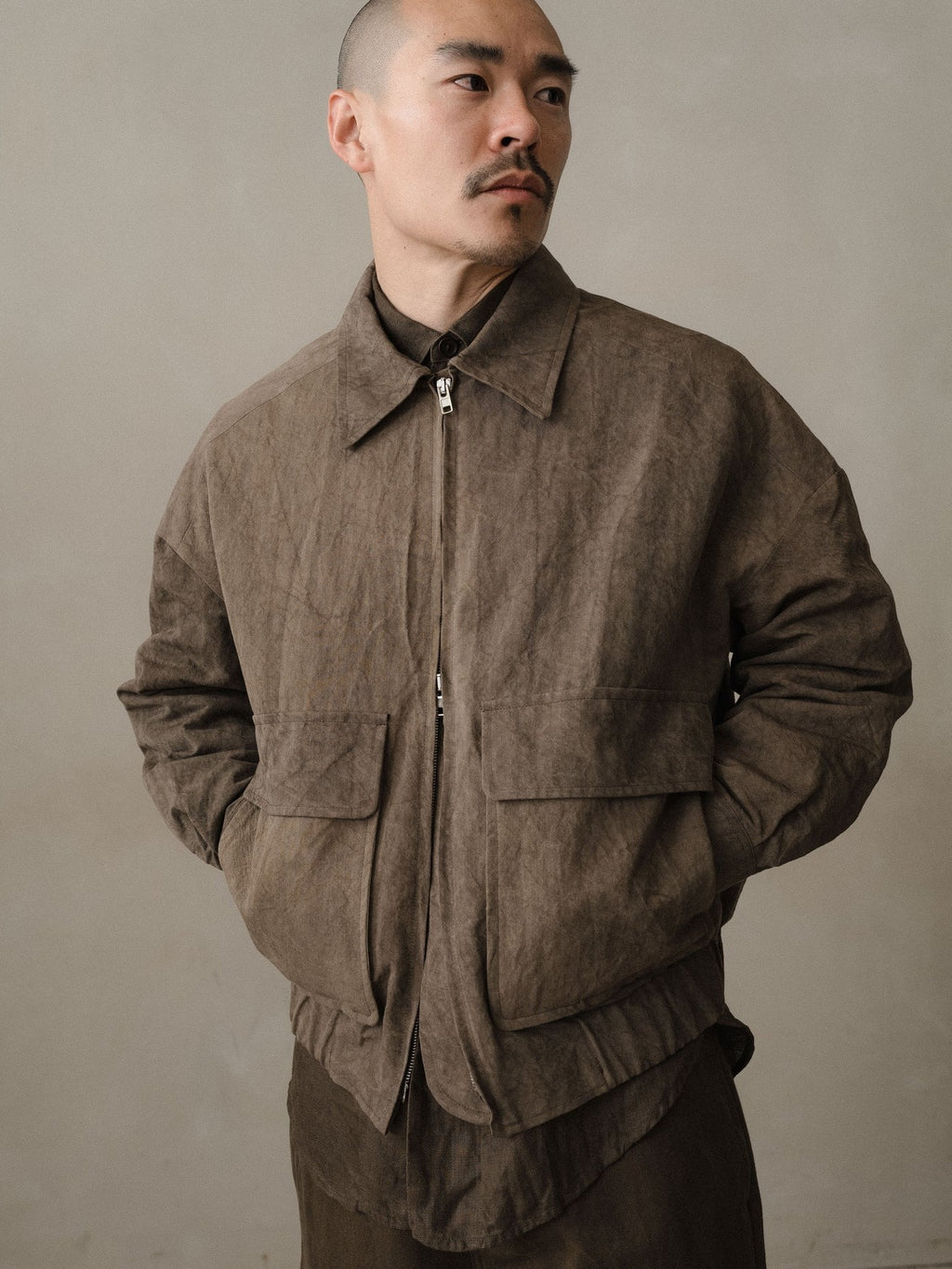 EVAN KINORI ZIP JACKET TWO NATURAL DYE TWILL BROWN