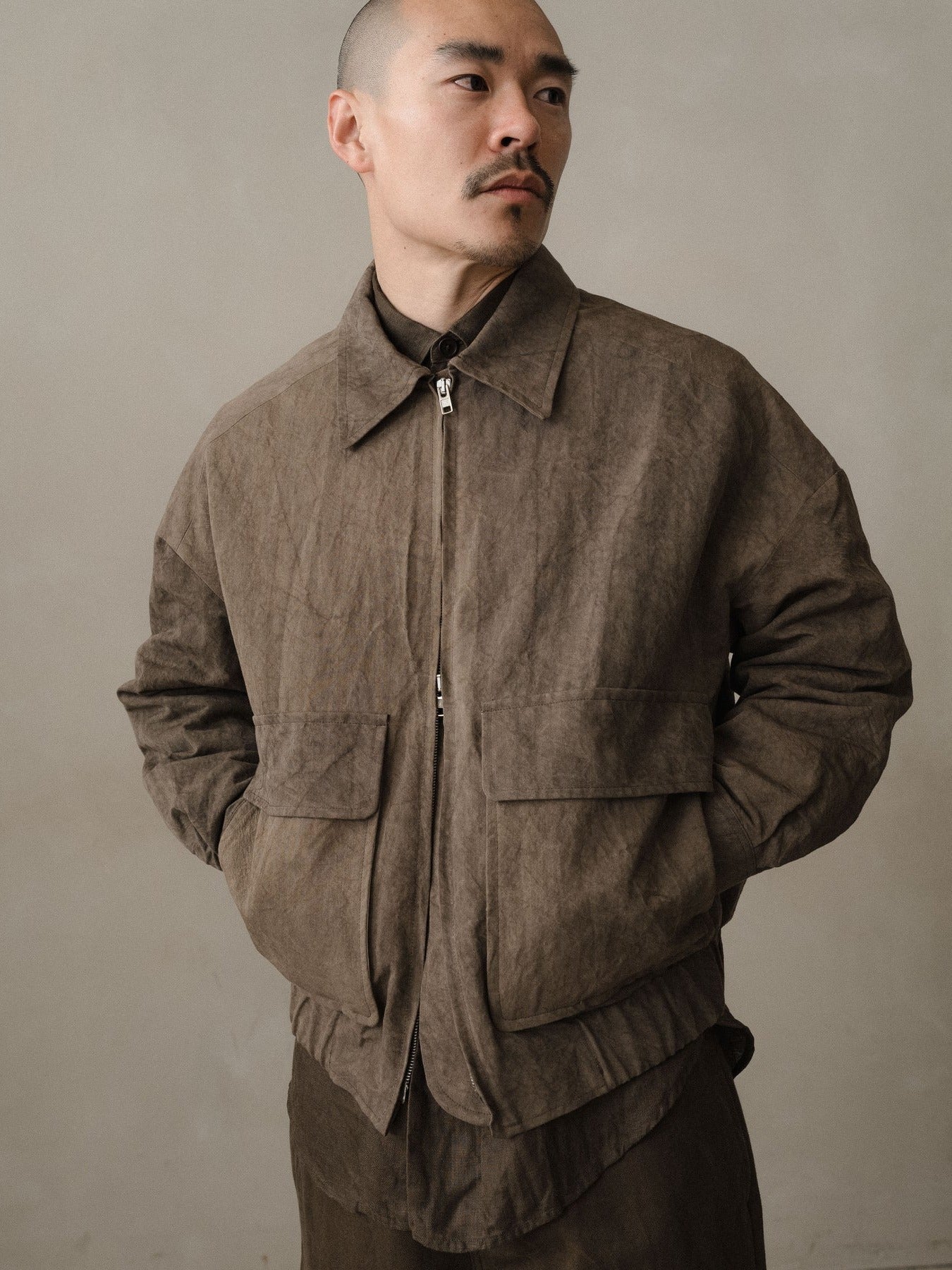 EVAN KINORI ZIP JACKET TWO NATURAL DYE TWILL BROWN