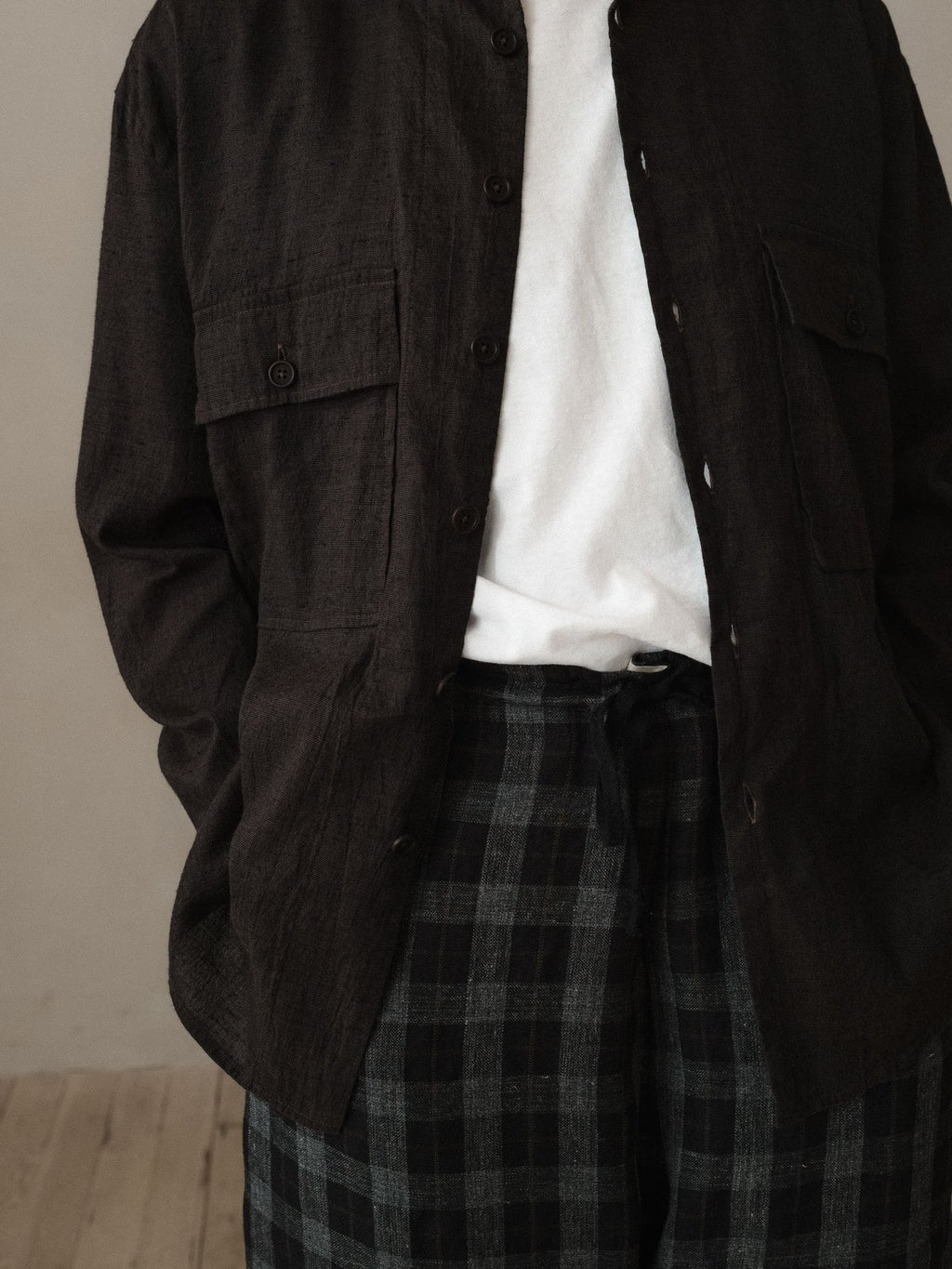 EVAN KINORI BIG SHRIT LINEN/COTTON SUMMERCLOTH BROWN/NAVY