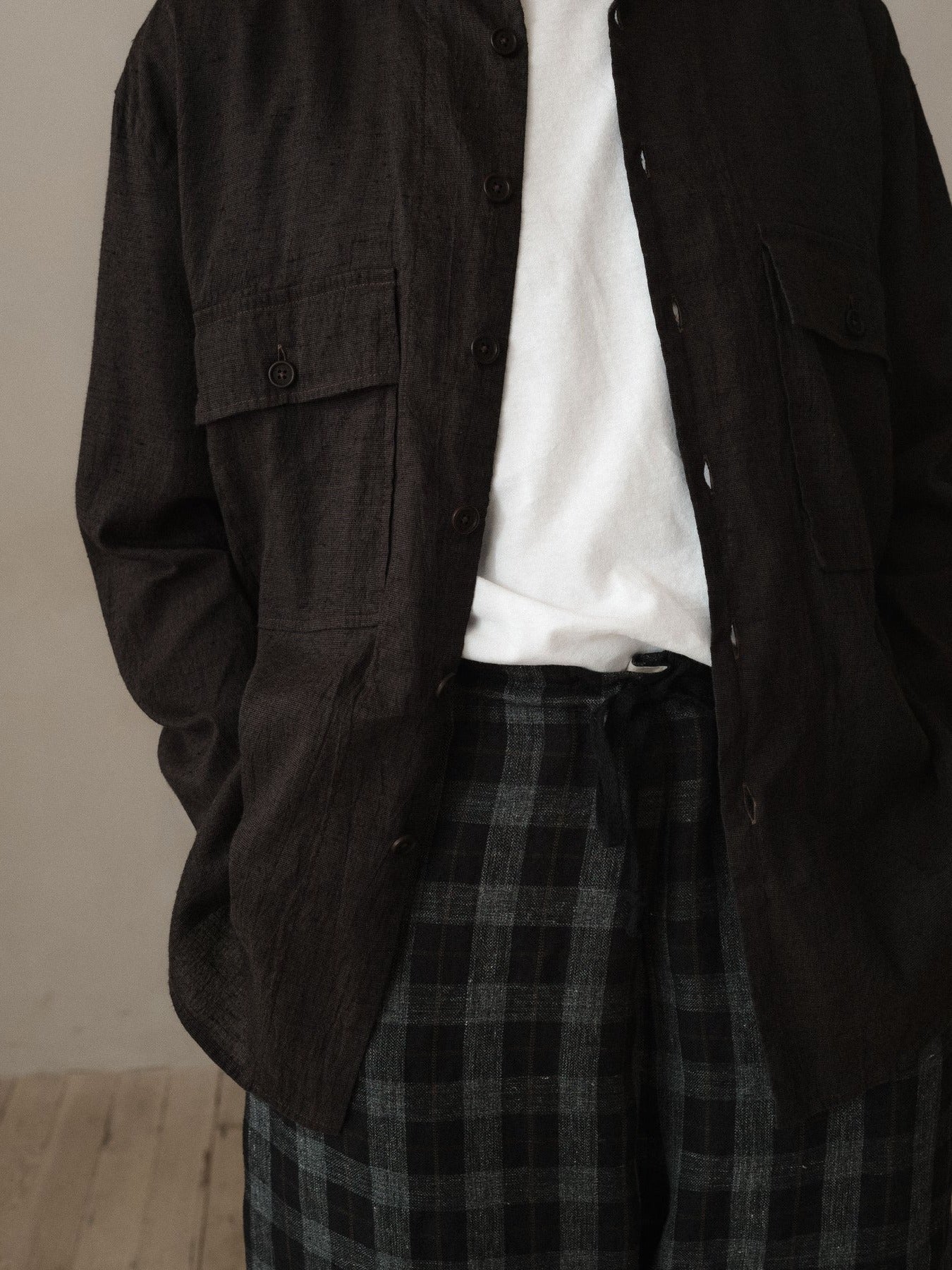 EVAN KINORI BIG SHRIT LINEN/COTTON SUMMERCLOTH BROWN/NAVY